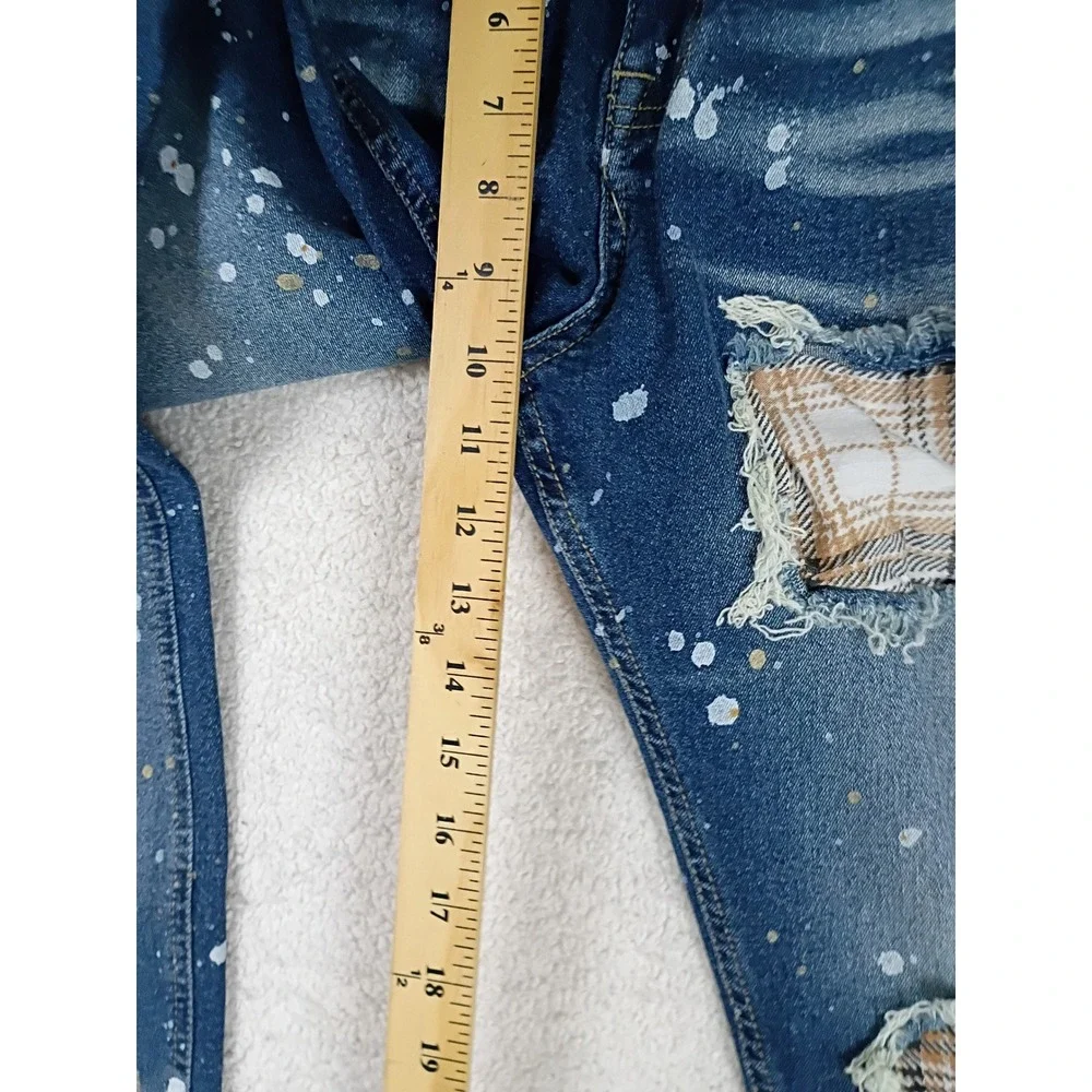Encrypted Distressed Paint Splatter Jeans Mens 33X32 Blue Plaid Patch Streetwear
